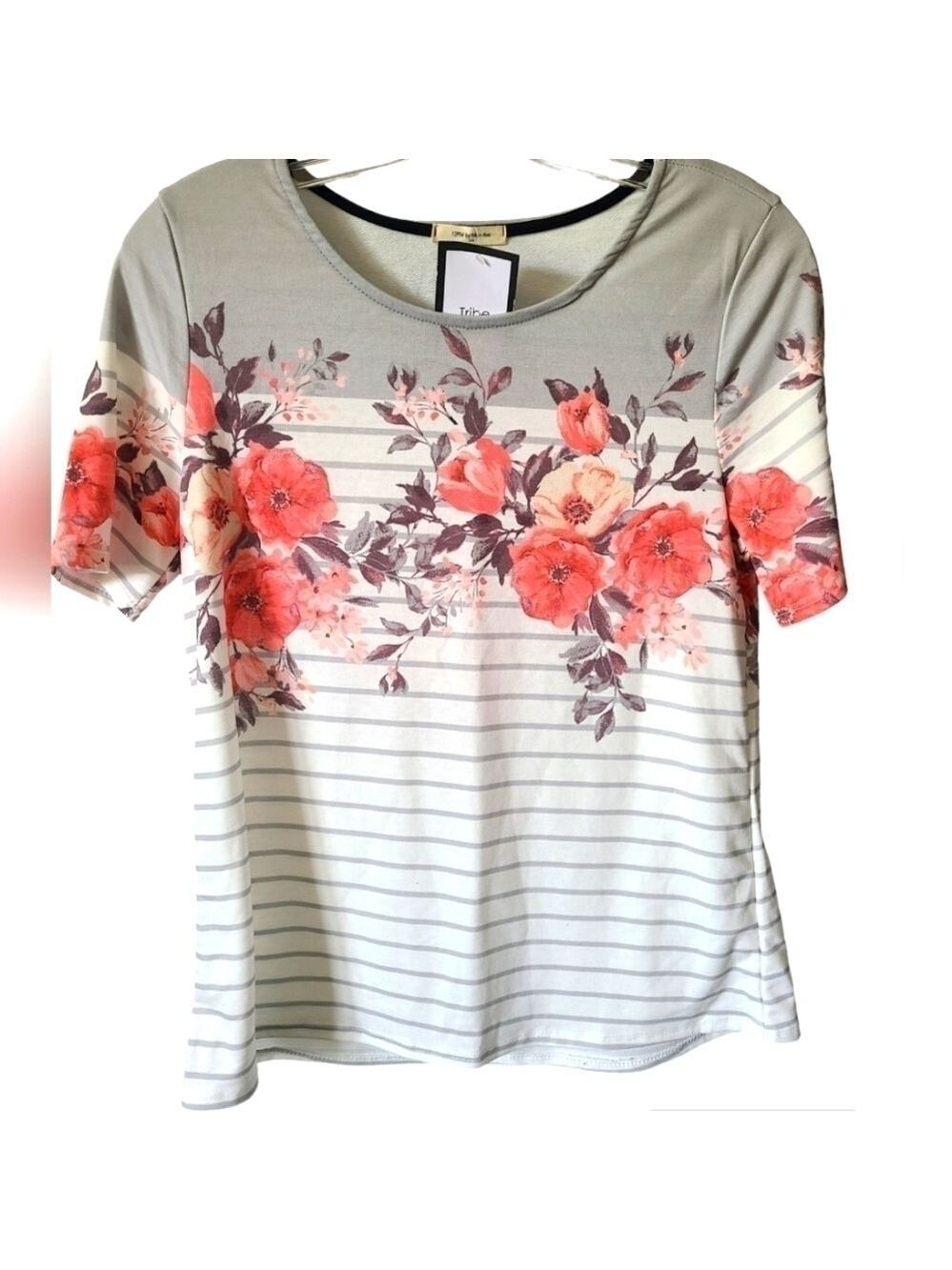 12 PM BY MON AMI Pink & Gray Floral French Terry Short Sleeve Top Size Small NWT